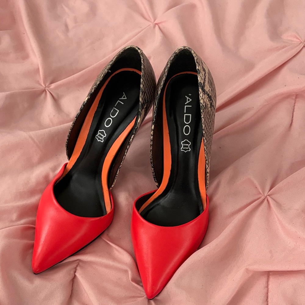Aldo Red Pointed-Toe Snake-Print D'Orsay Heels